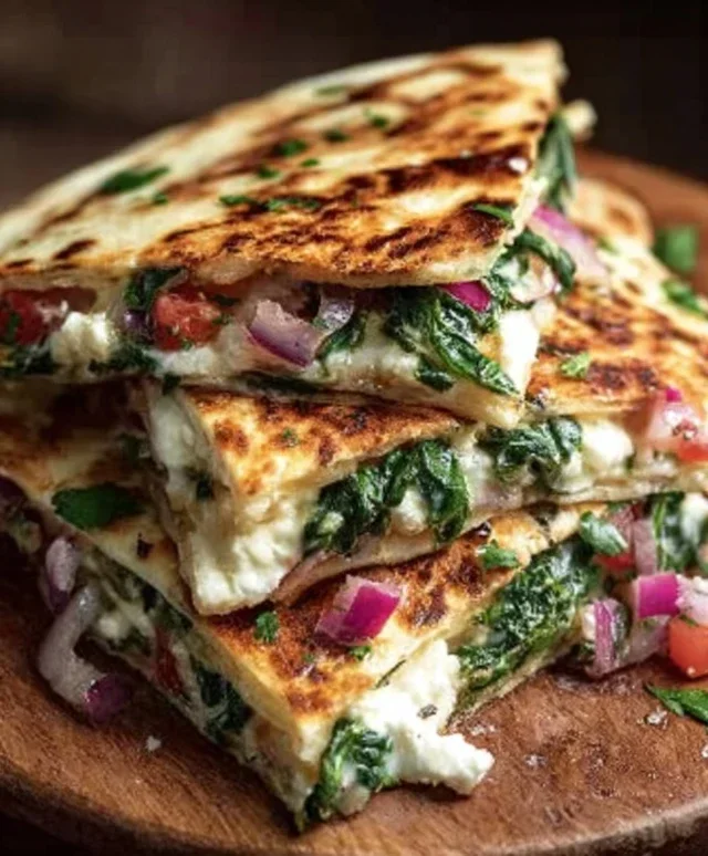 Mediterranean Quesadillas with Spinach, Feta, Mozzarella, and Red Onion