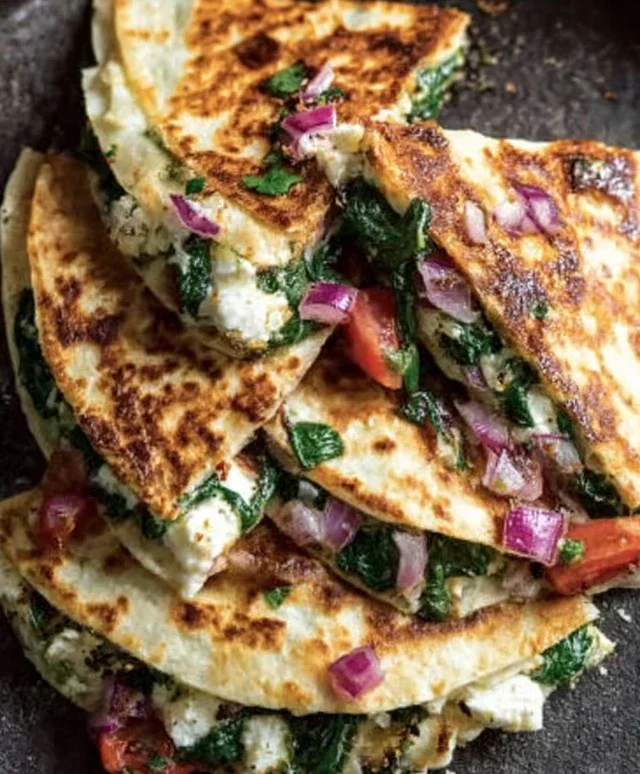 Mediterranean Quesadillas with Spinach, Feta, Mozzarella, and Red Onion