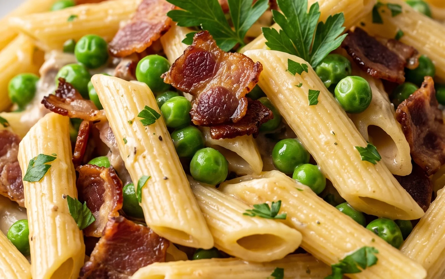 Penne Pasta, Peas and Beef Bacon