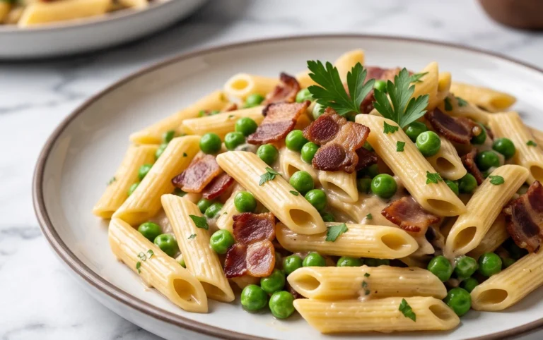 Penne Pasta, Peas and Beef Bacon