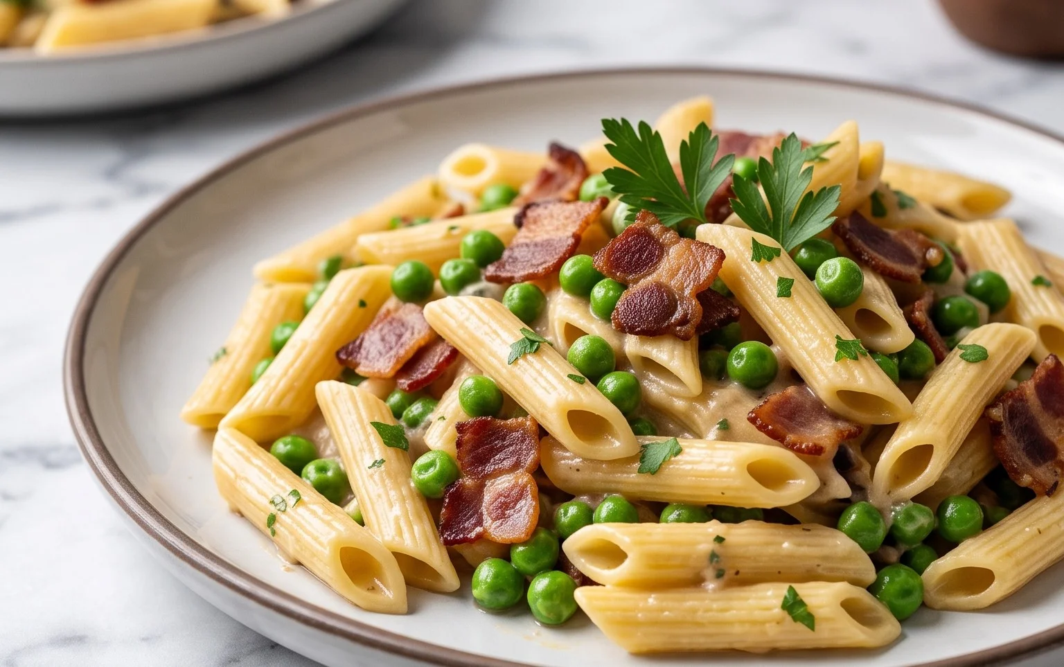 Penne Pasta, Peas and Beef Bacon