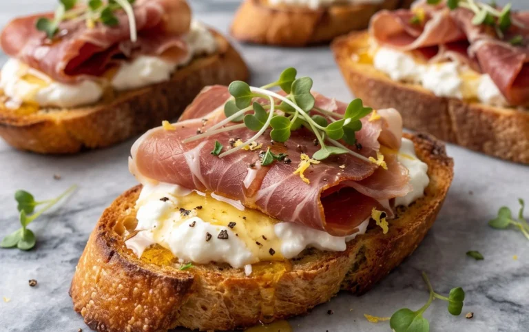 Beef Prosciutto Crostini with Burrata and Lemon Honey Drizzle