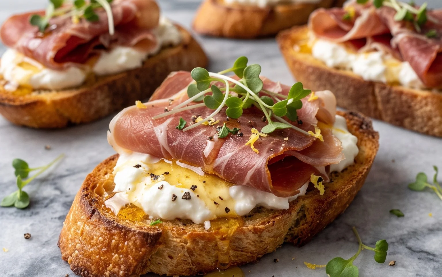 Beef Prosciutto Crostini with Burrata and Lemon Honey Drizzle